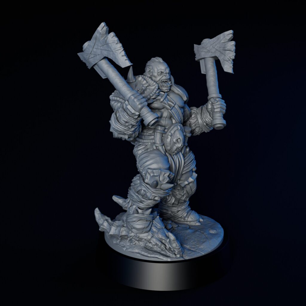 Right side of high-detailed 35mm orc berserker RPG fine art miniature for collectors, sculpted by Alex Oliver for Fantastic Art Studios.